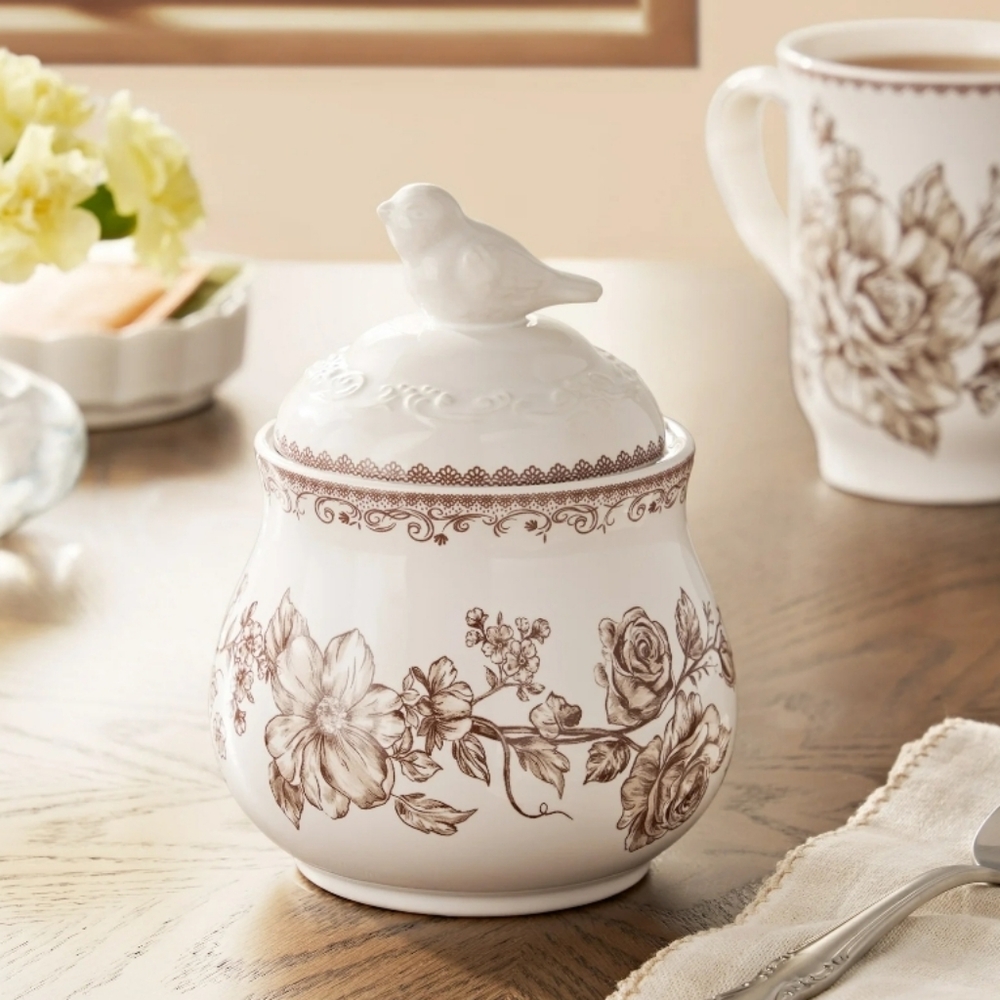 ❤️ 2025 Pioneer Woman Agatha Brown Floral Sugar Bowl with Bird Lid